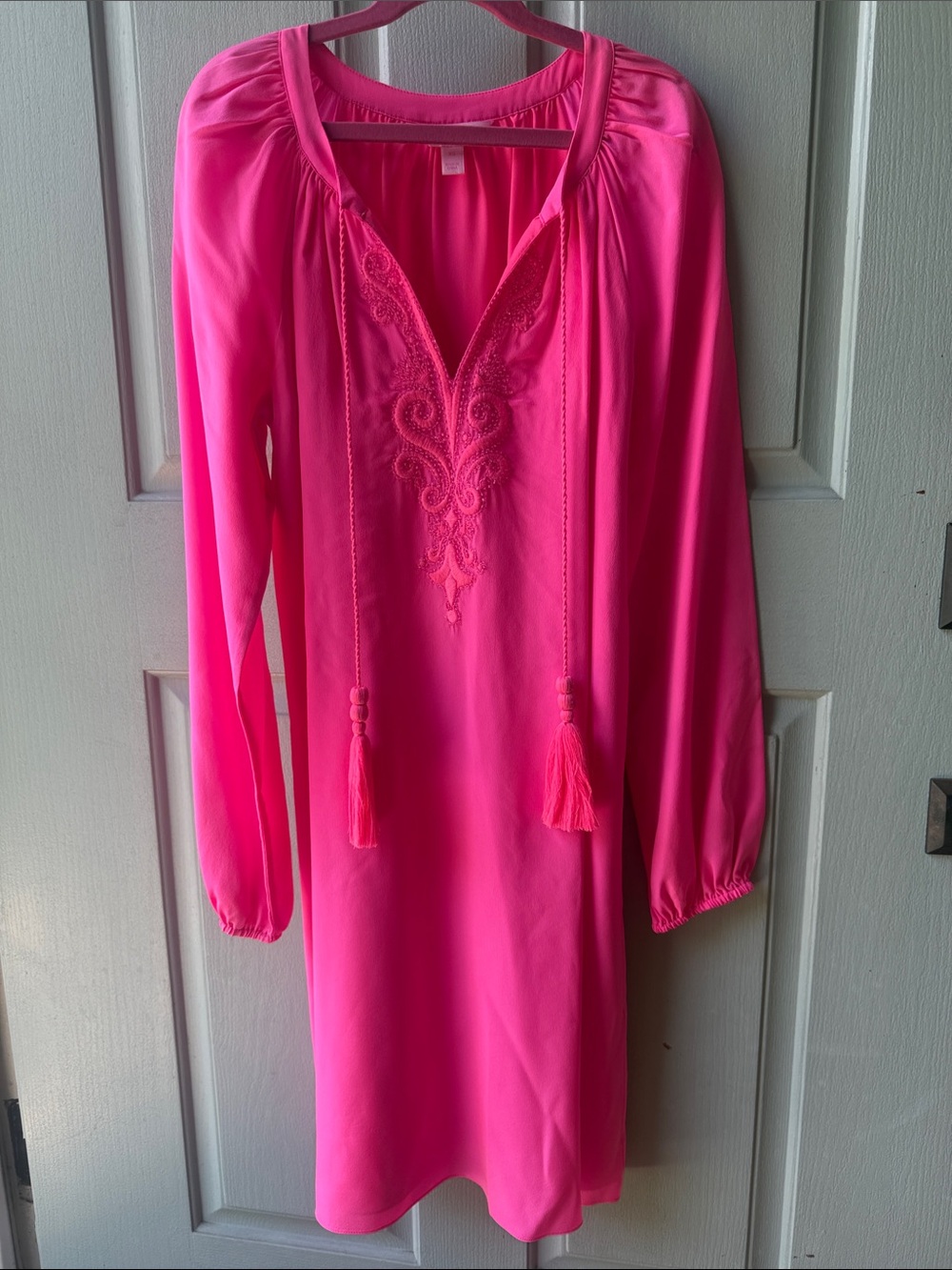 Lilly Pulitzer Hot Pink Silk Embroidered Tassel Tunic Dress
